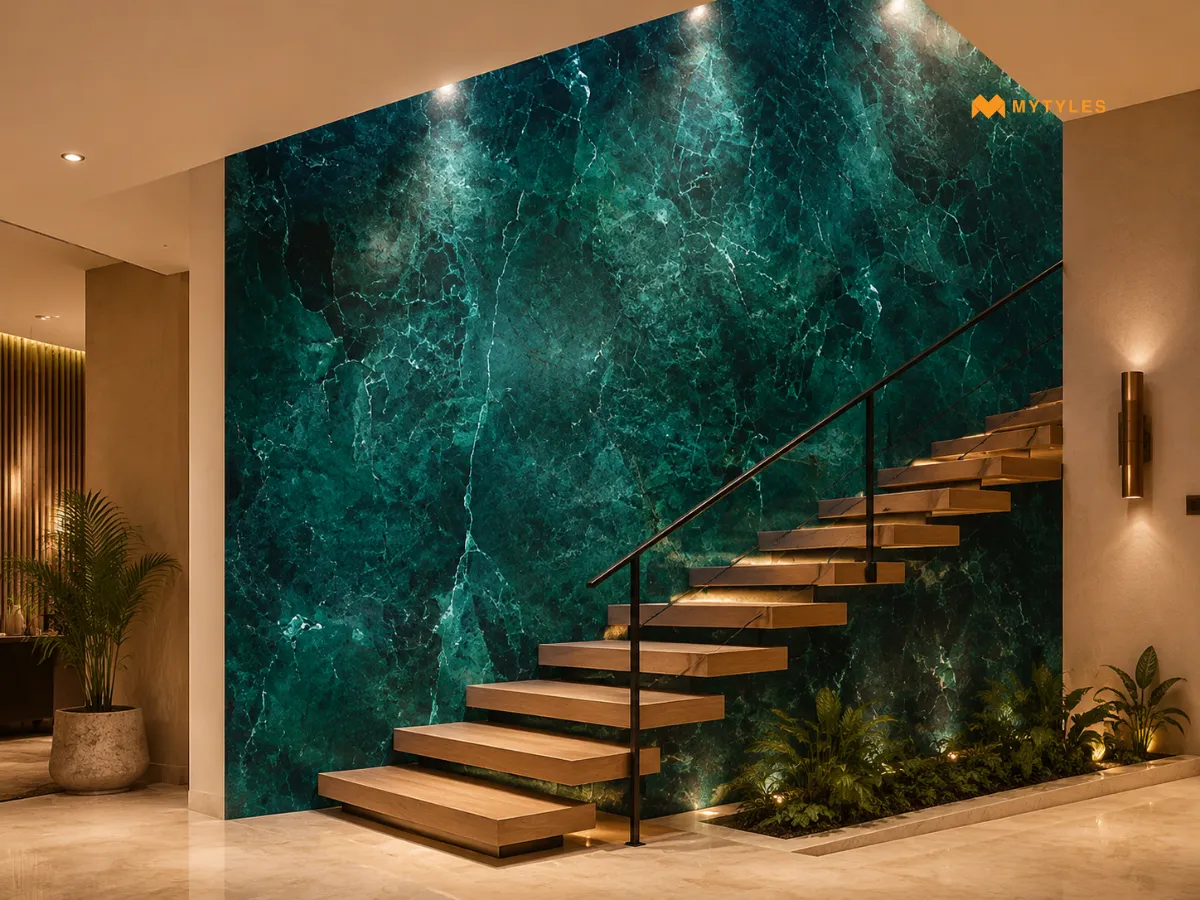 Alicante Ocean Blue Matt Marble in Staircase Wall